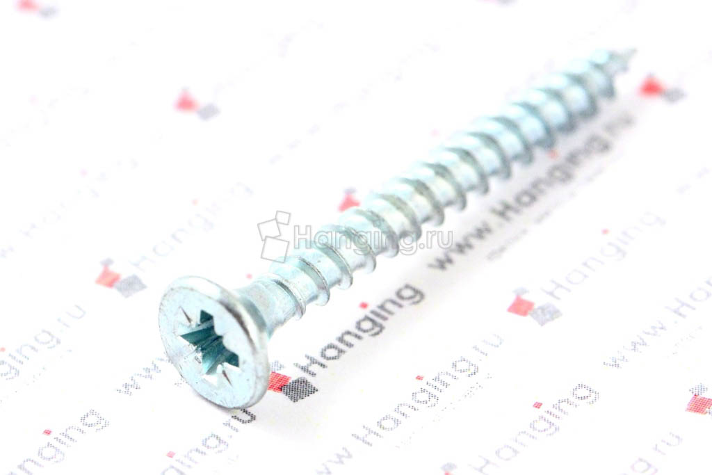 Вид резьбы белого самореза 4,5*40 мм с потайной головкой