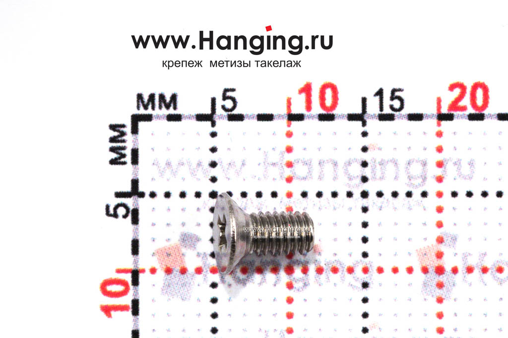 Размеры винта М3х6 с потайной головкой и крестообразным шлицем из нержавеющей стали А4 DIN 965