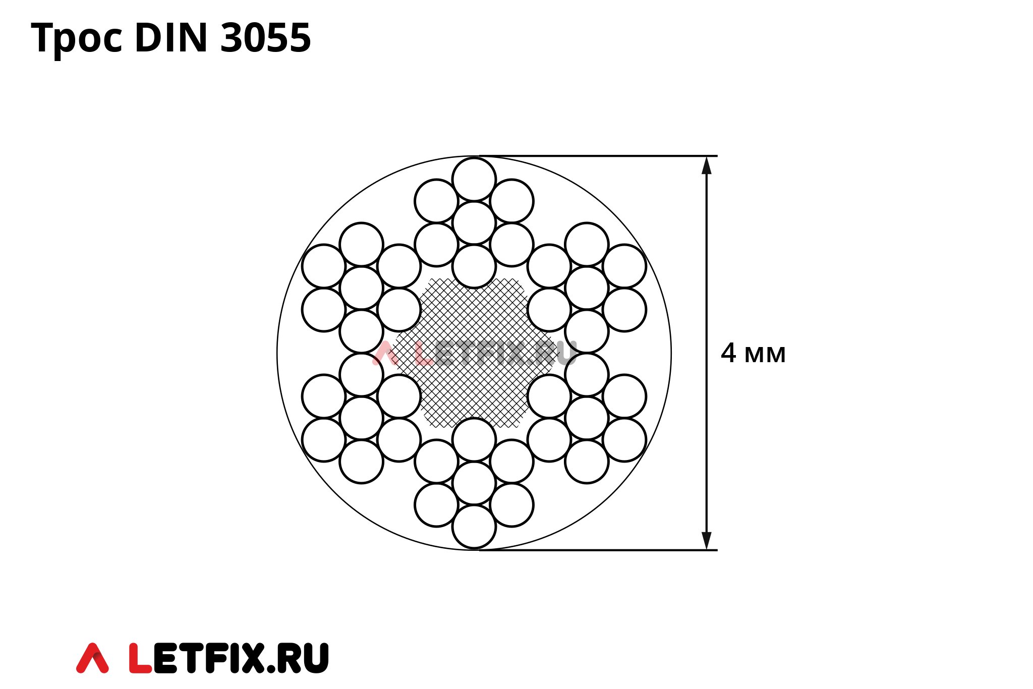Оцинкованный трос 4 мм DIN 3055 конструкции 6х7-FC, отрезок 5 метров (отрезок намоткой 5 метров).