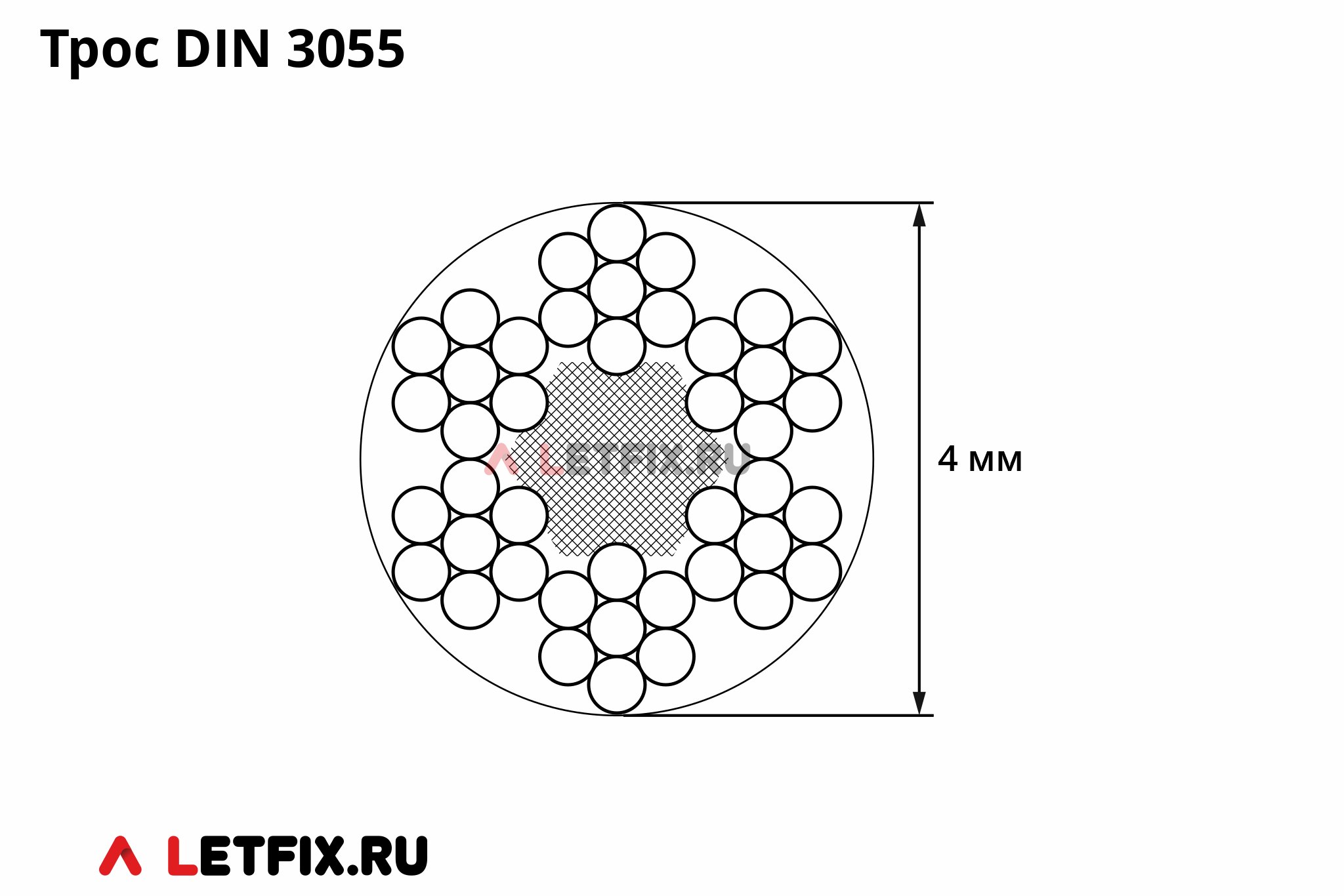 Оцинкованный трос 4 мм DIN 3055 конструкции 6х7-FC, отрезок 3 метра (отрезок намоткой 3 метра).