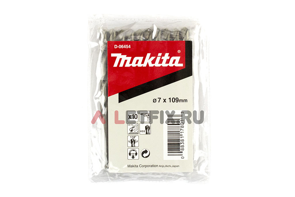 Сверло по металлу Makita HSS-G 7*109 D-09765 с цилиндрическим хвостовиком (DIN 338). 10 штук — Makita D-06454.