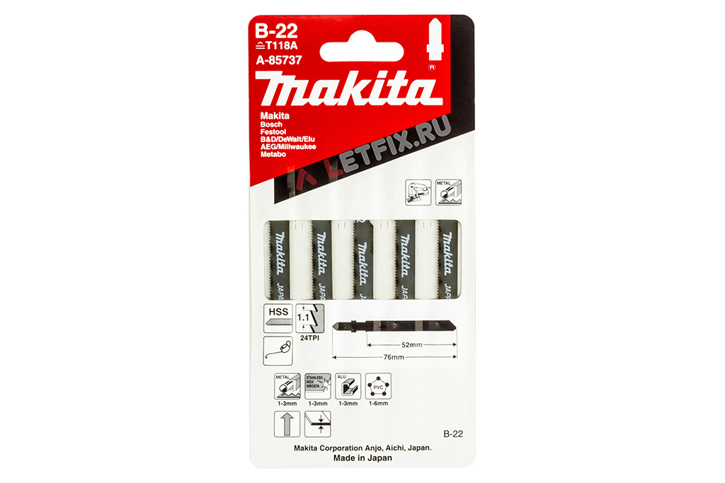 Размеры пилки для электролобзика Makita A-85737 B-22 52х76/1,1