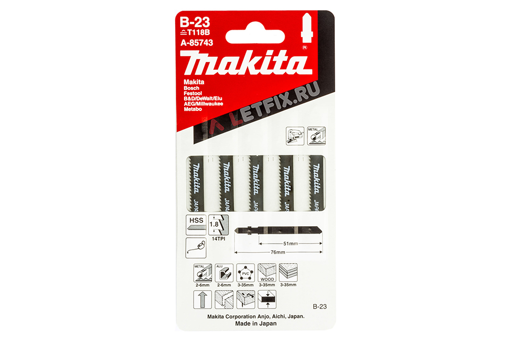 Размеры пилки для электролобзика Makita A-85743 B-23 51х76/1,8