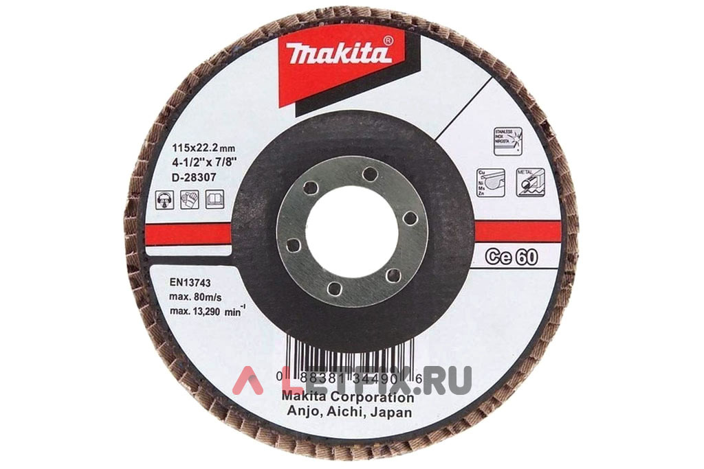 Лепестковый угловой шлифовальный диск (круг) 115х22,23 Ce60 (C60) Makita D-28307 (основание — стекловолокно) для кромок стали и цветных металлов (алюминия, меди, латуни) а также никеля, цинка