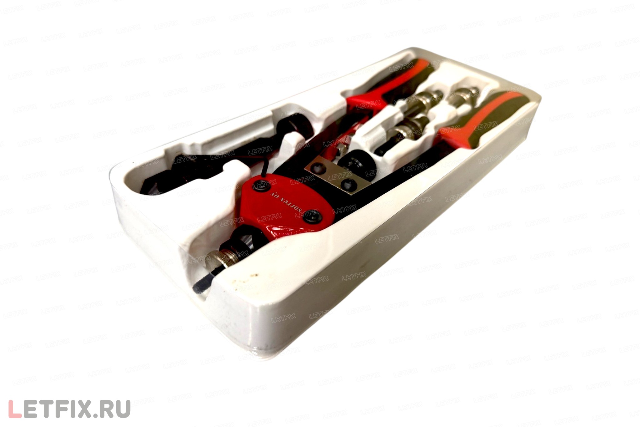 Двуручный заклепочник Sorrex SC-794 с прорезиненными рукоятками и 4 сменными насадками