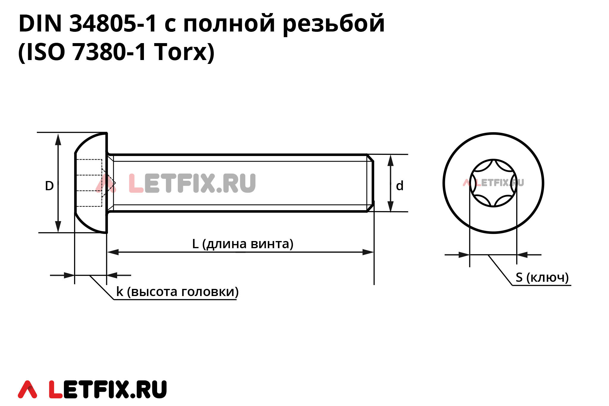 Размерная схема винта DIN 34805-1 с полной резьбой с полукруглой головкой и шлицем Torx (TX, звездочка, hexalobular)