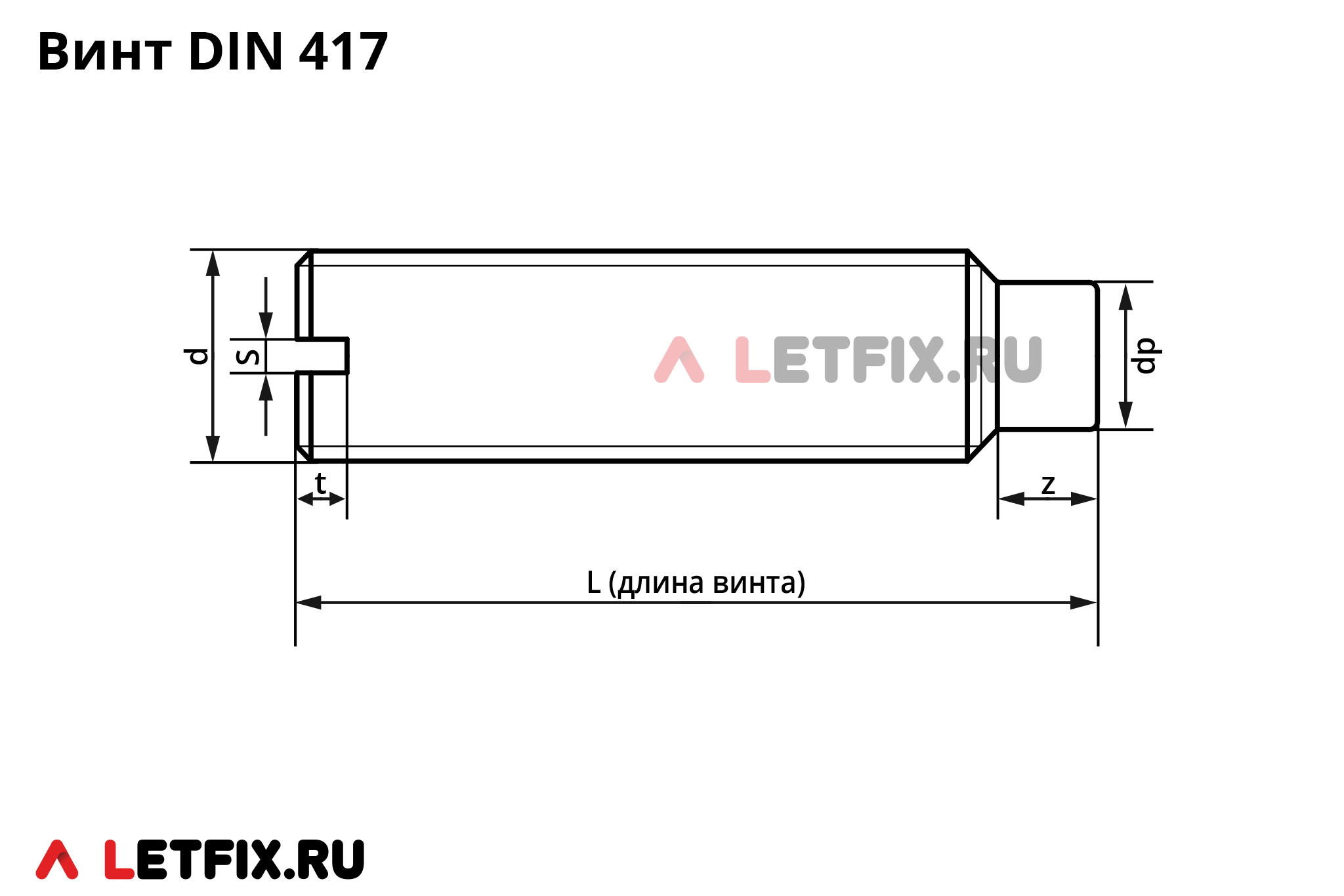Схема размеров установочного винта DIN 417 с прямым шлицем и цилиндрическим концом (цапфой)
