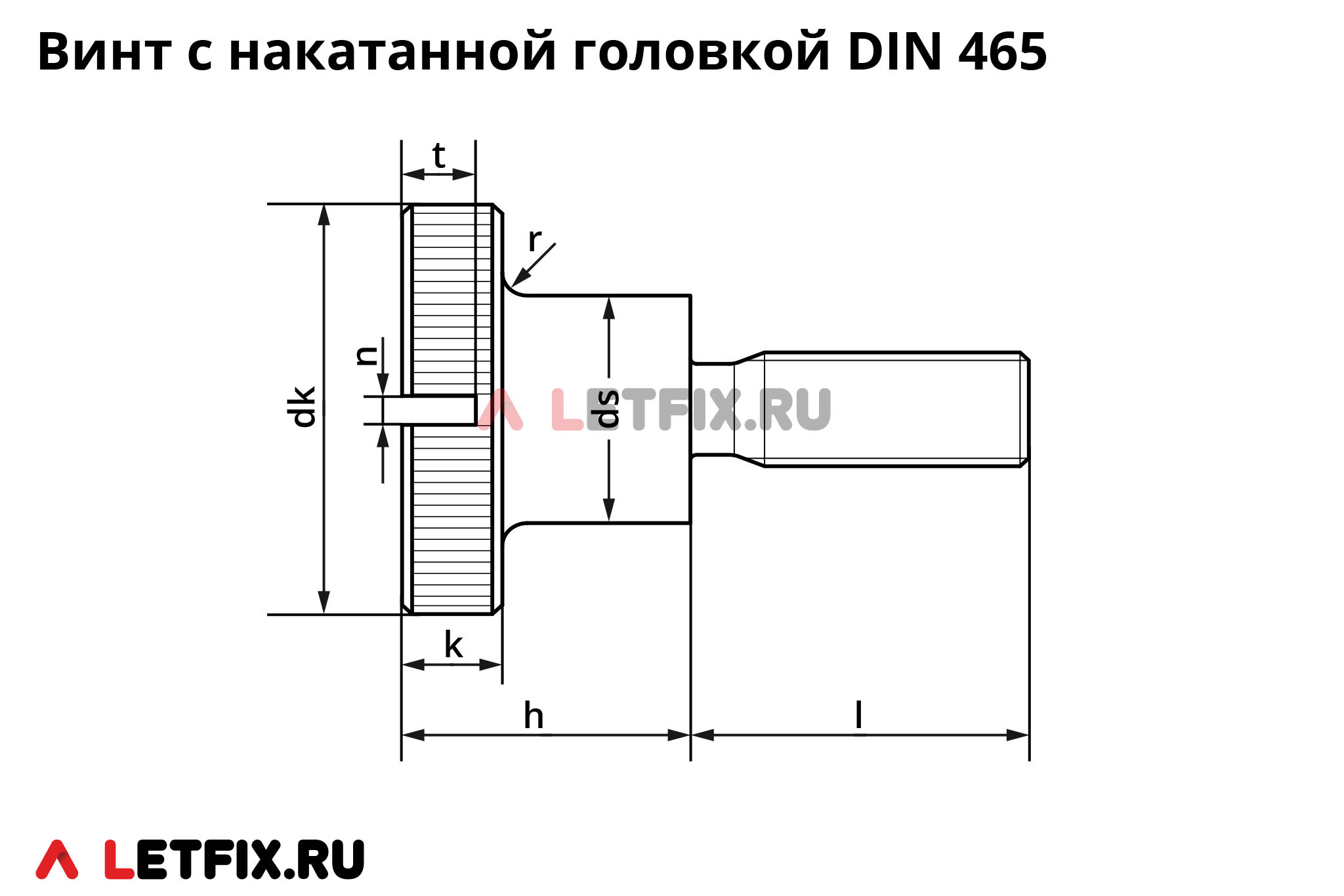 Схема размеров винта с шлицем DIN 465 с накатанной головкой (винты DIN 464 с накаткой со шлицем)
