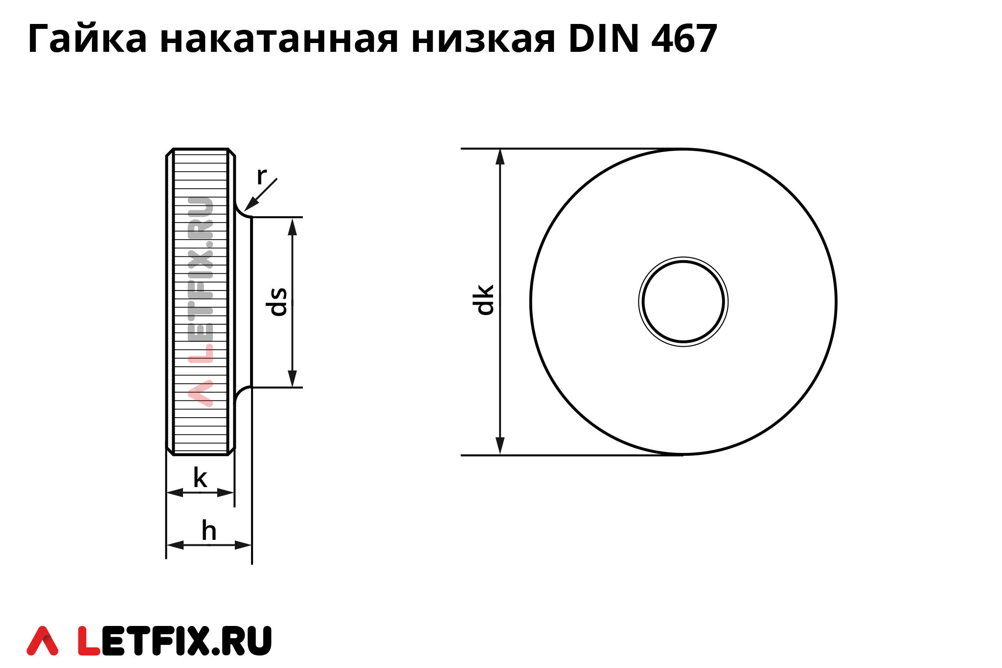 Размеры низкой нажимной гайки DIN 467 с накатанной головкой (гайки с накаткой высокие DIN 467)