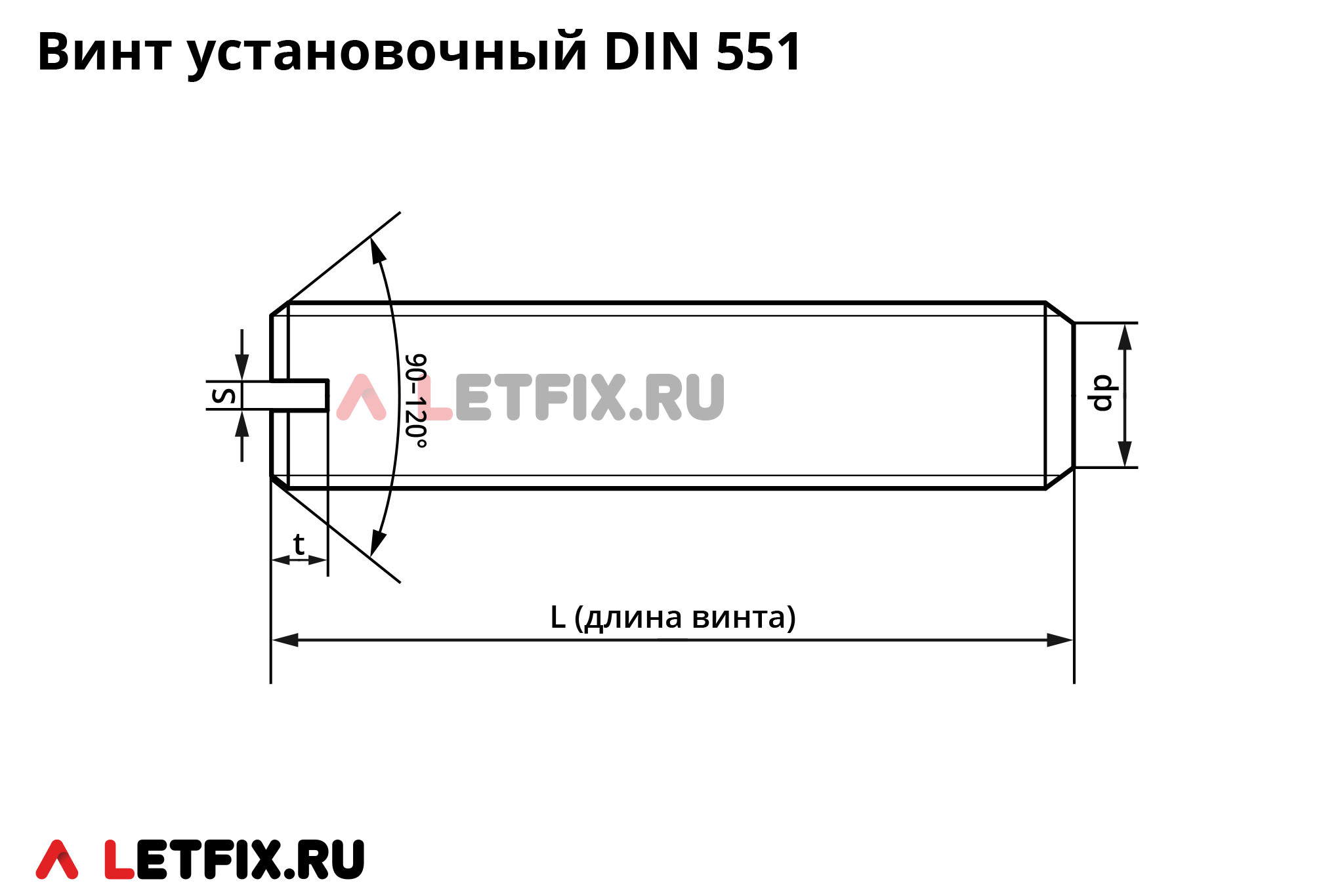 Схема размеров установочного винта DIN 551 с прямым шлицем и плоским концом