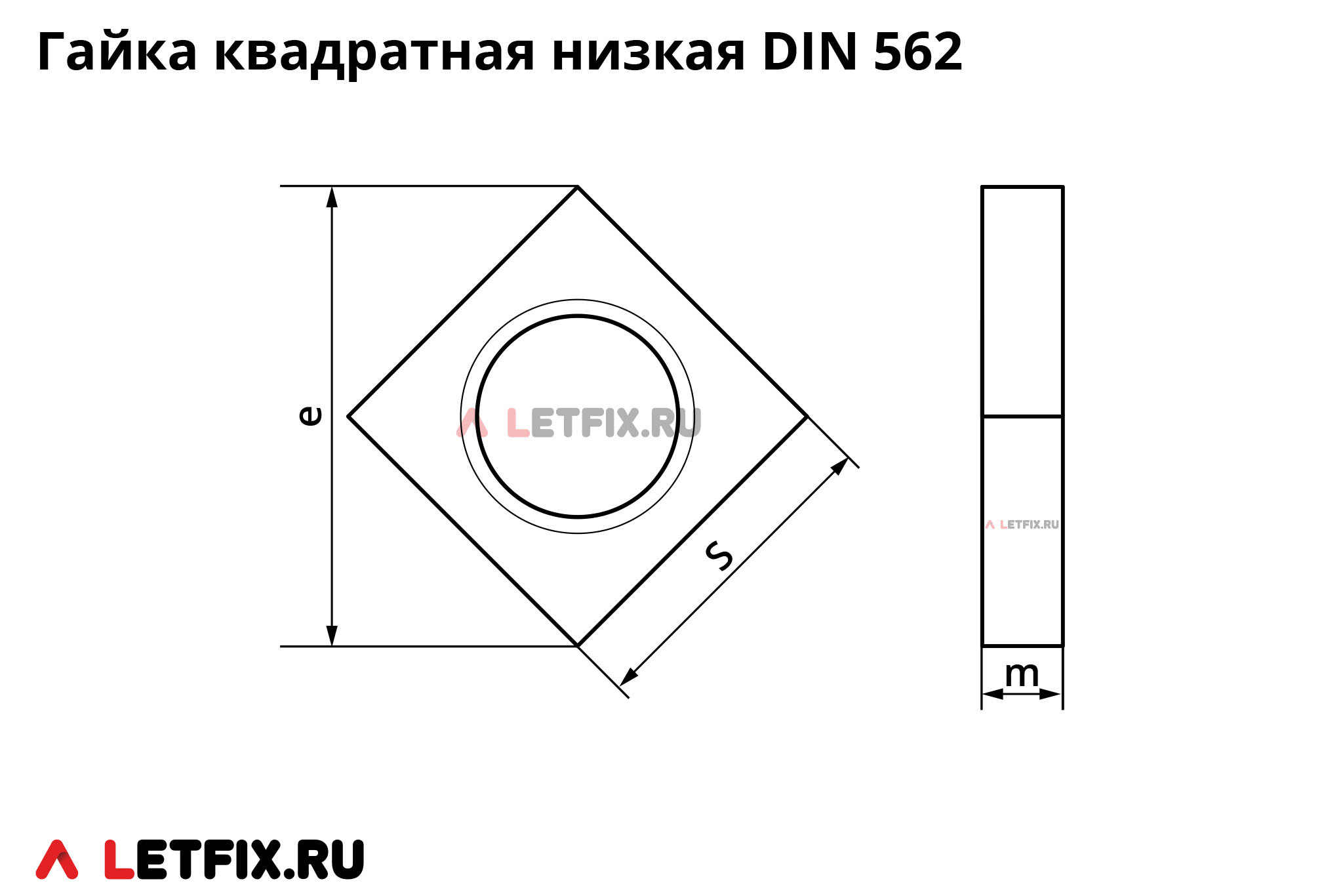 Размеры на низкие квадратные гайки DIN 562 (гайки квадратные уменьшенные ДИН 562 (шайбы квадратные с резьбой)