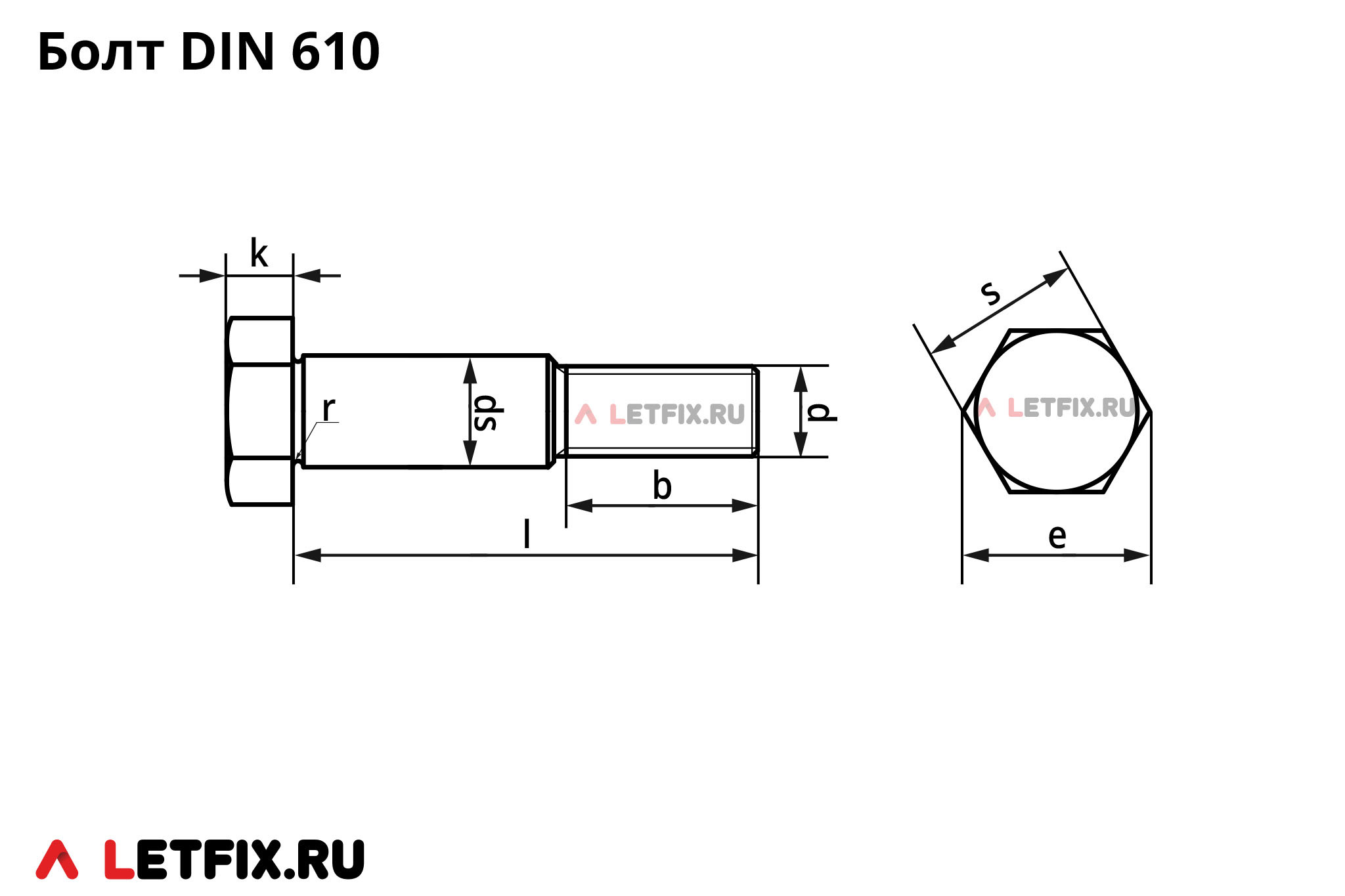 Схема размеров на шестигранный призонный болт DIN 610 с укороченной резьбовой цапфой (стяжной болт с короткой цапфой ДИН 610)