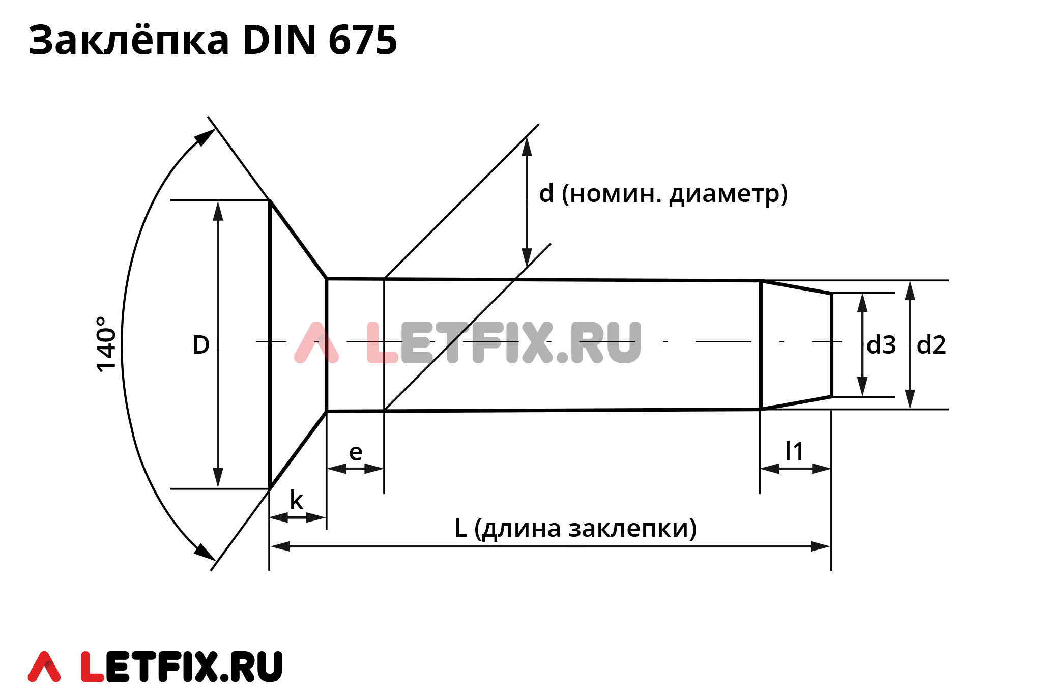 Схема размеров заклёпок DIN 675 с потайной плоской головкой