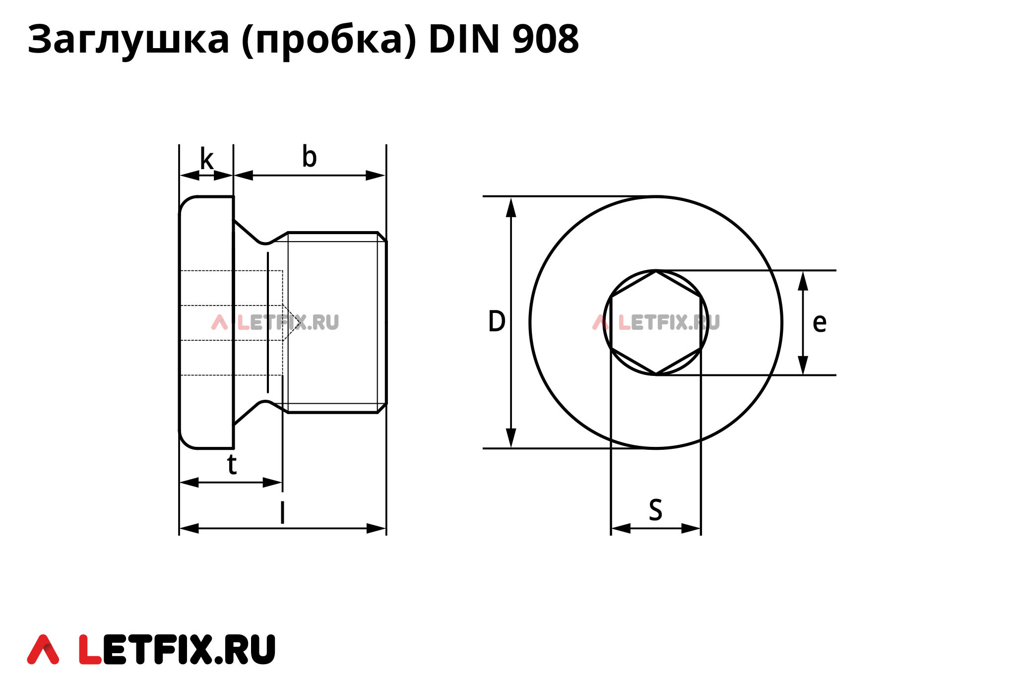 Схема размеров на резьбовые заглушки с фланцем DIN 908 (резьбовые пробки DIN 908) с метрической и дюймовой резьбой с внутренним шестигранником (DIN 908 Bild 1)