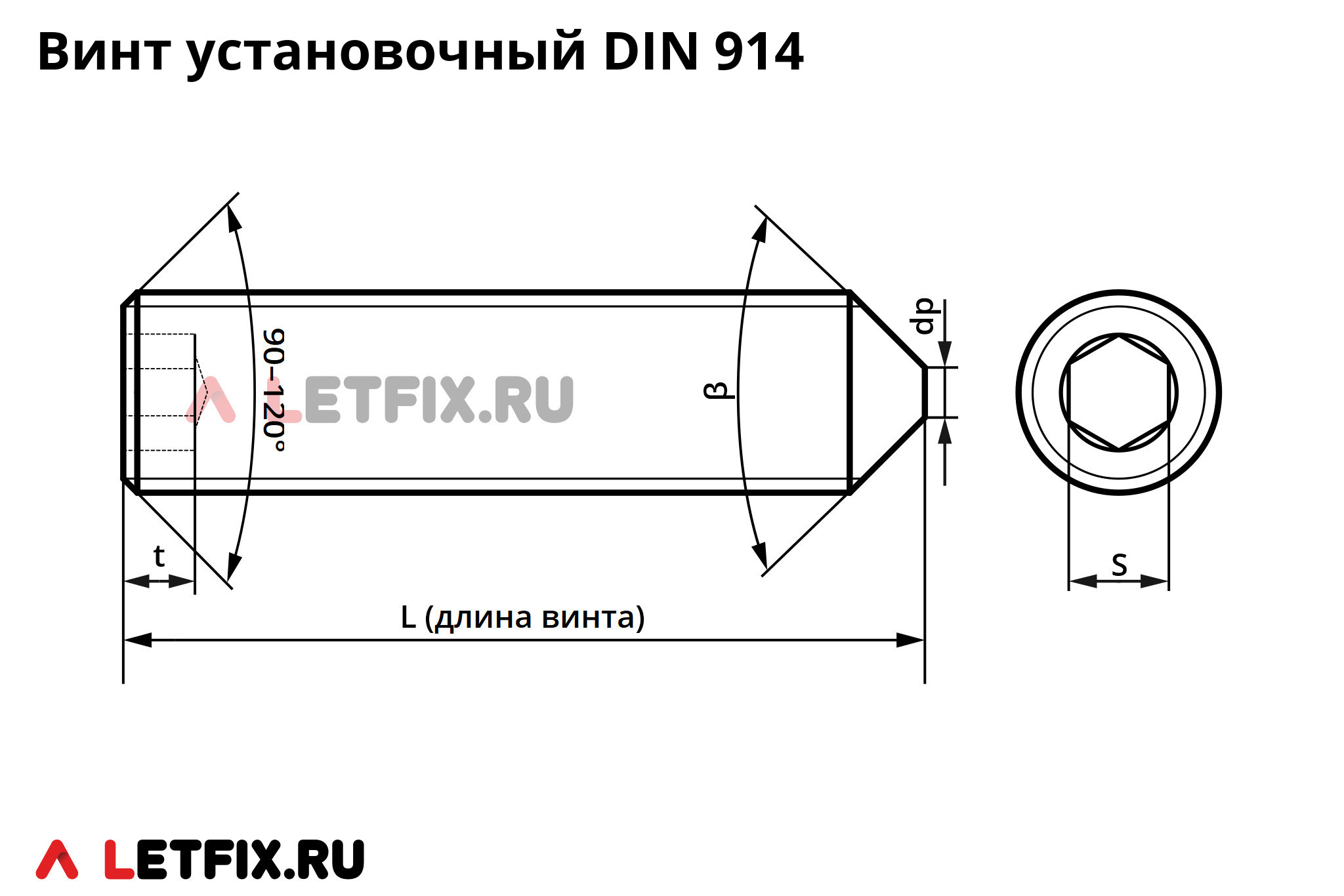 Схема размеров установочного винта DIN 914 с коническим концом и внутренним шестигранником