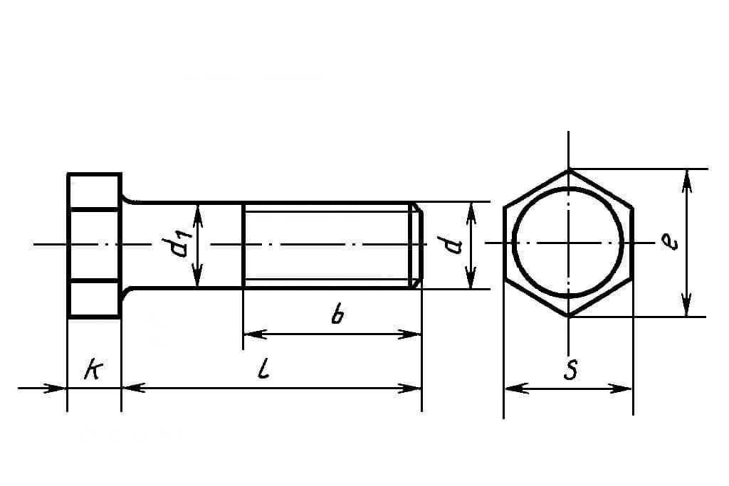 Чертеж болта с шестигранной головкой и неполной резьбой DIN 931