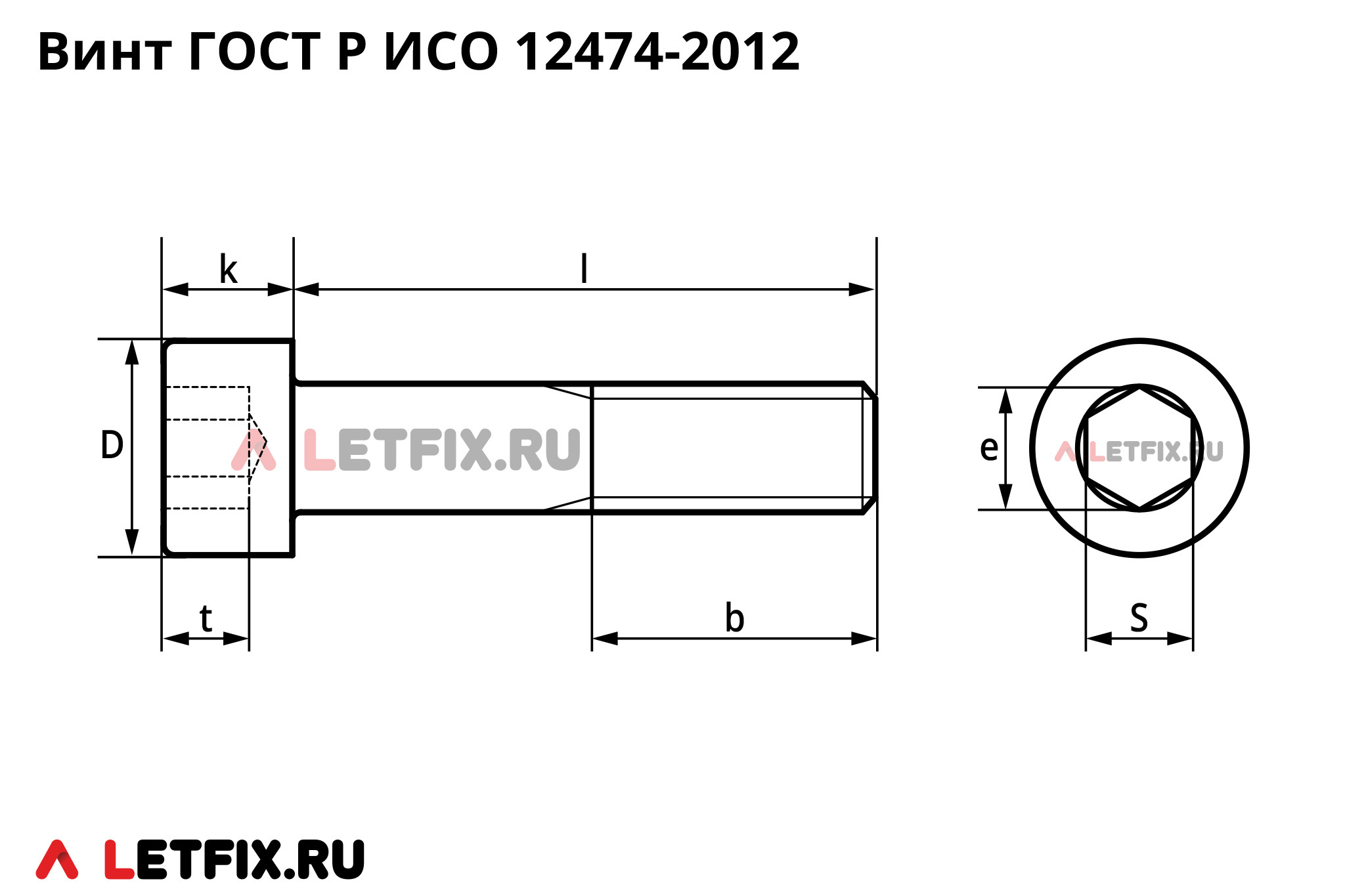 Схема размеров на винты ГОСТ Р ИСО 12474-2012 с цилиндрической головкой и шестигранным углублением под ключ c мелким шагом резьбы (винты ИСО 12474 с мелкой резьбой с внутренним шестигранником)