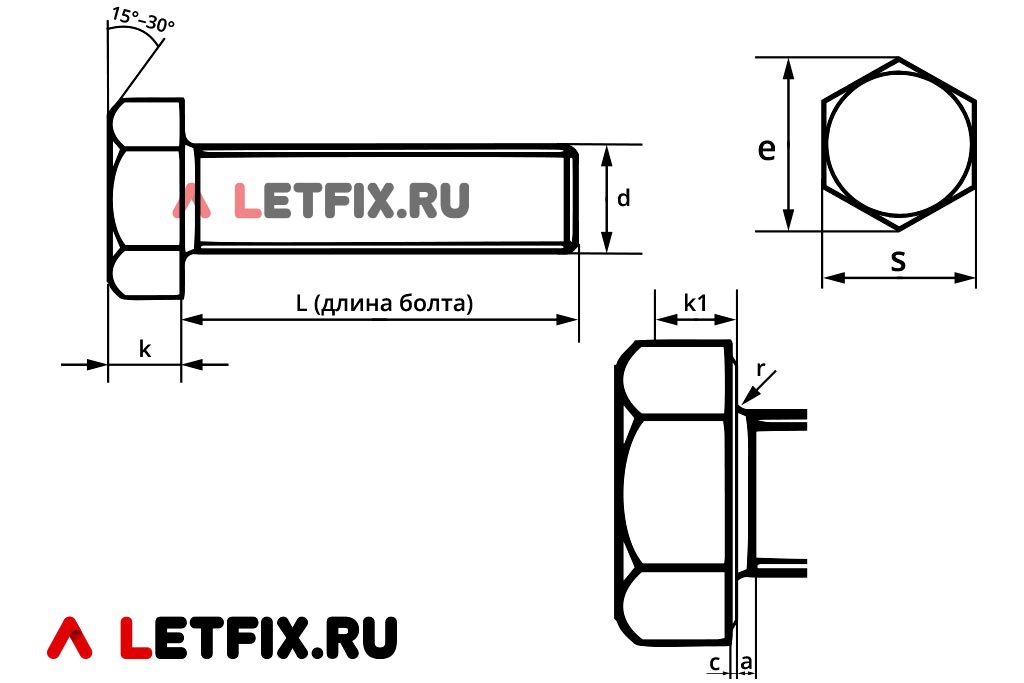 Схема размеров на винт ГОСТ Р ИСО 4018-2013 с шестигранной головкой и резьбой до головки