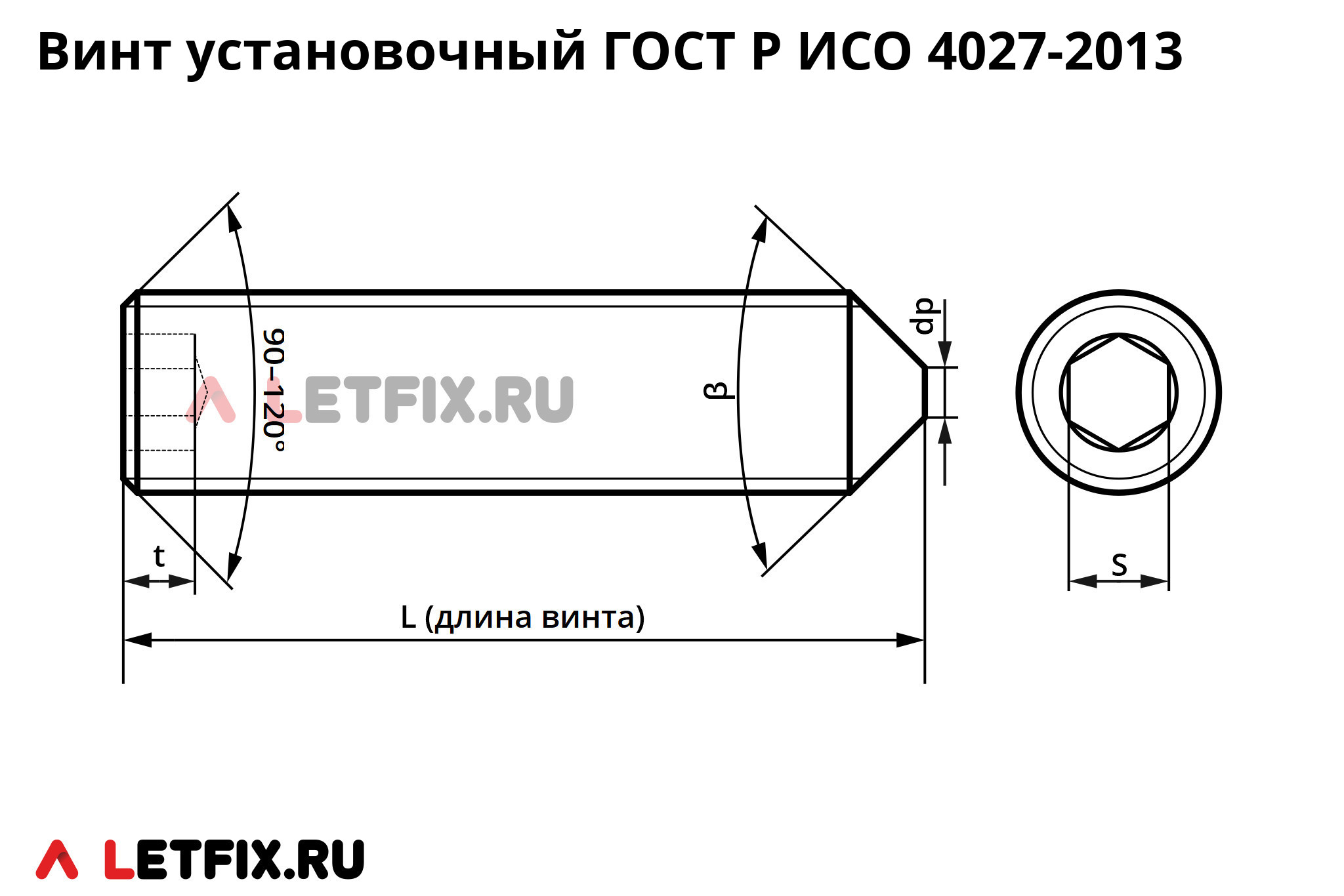 Схема размеров установочного винта ГОСТ Р ИСО 4027-2013 с коническим концом и внутренним шестигранником