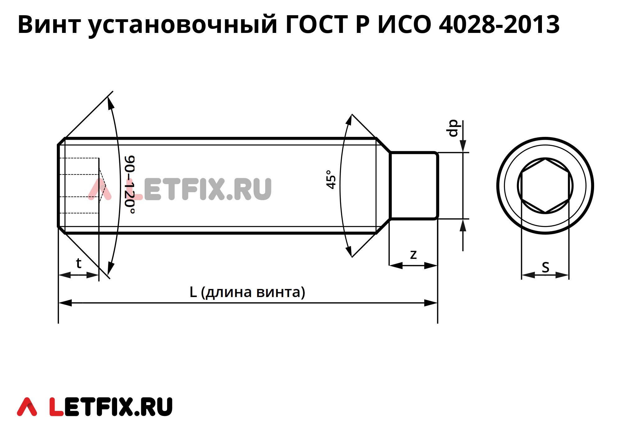 Схема размеров установочного винта ГОСТ Р ИСО 4028-2013 с цилиндрическим концом и внутренним шестигранником