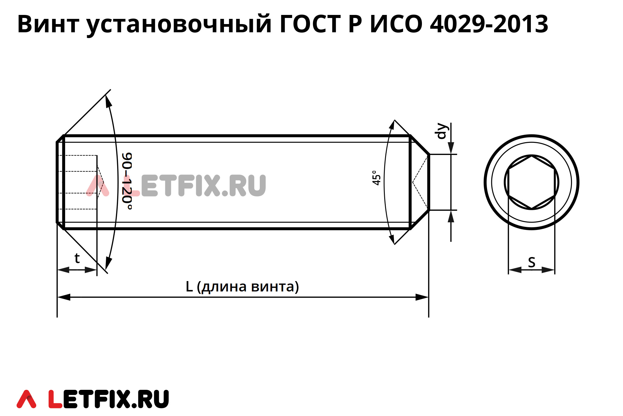 Схема размеров установочного винта ГОСТ Р ИСО 4029-2013 с засверленным концом и внутренним шестигранником
