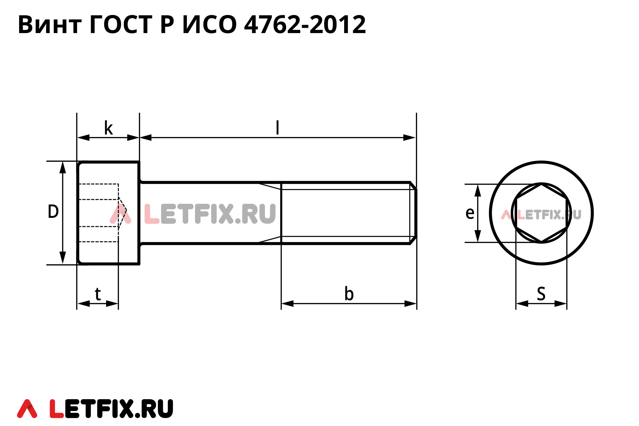 Схема размеров на винты ГОСТ Р ИСО 4762-2012 с цилиндрической головкой с внутренним шестигранником (с шестигранным углублением под ключ)
