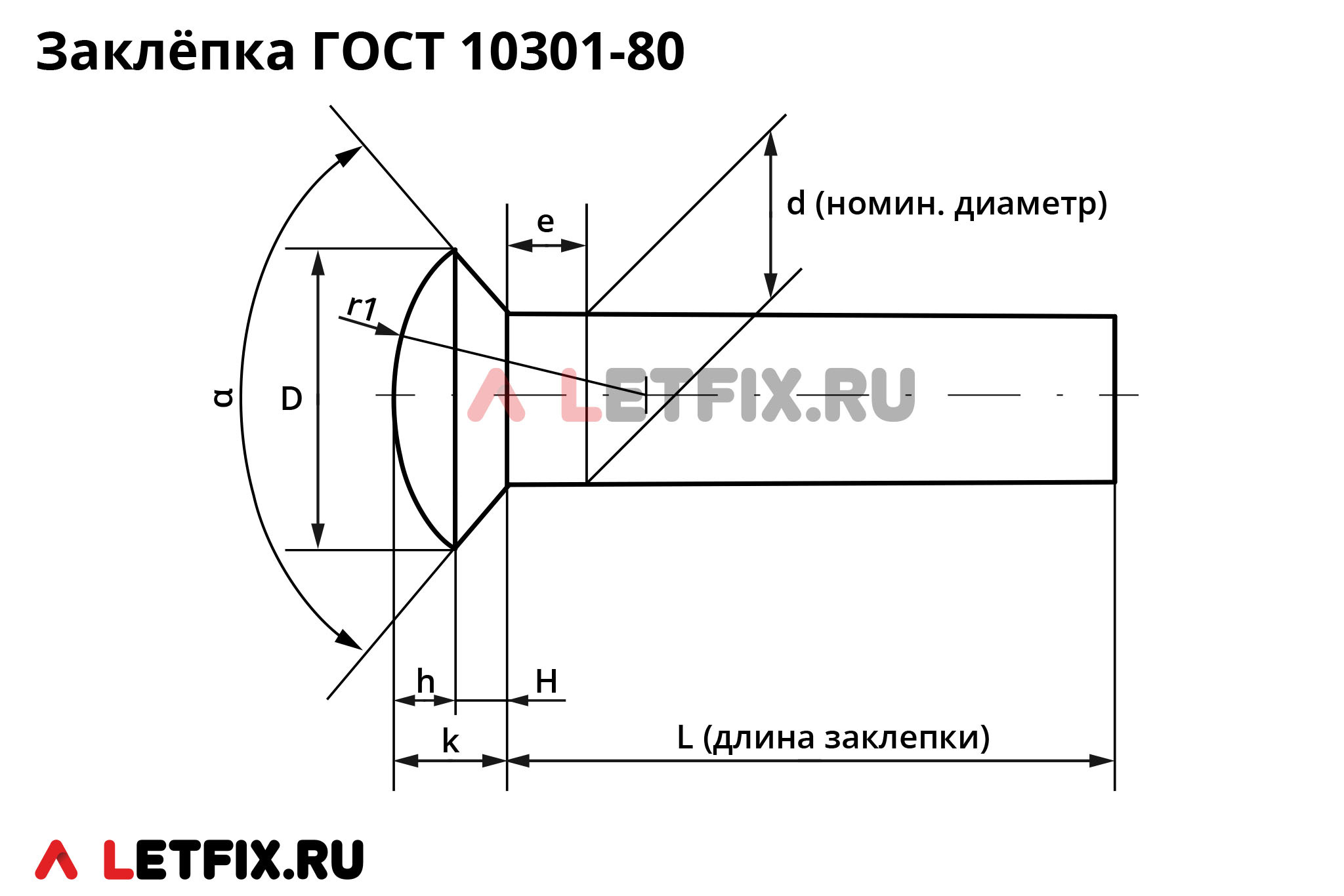 Схема размеров забивной заклепки ГОСТ 10301-80 с полупотайной головкой. Размеры заклепки полупотай 10301 (аналог DIN 662).