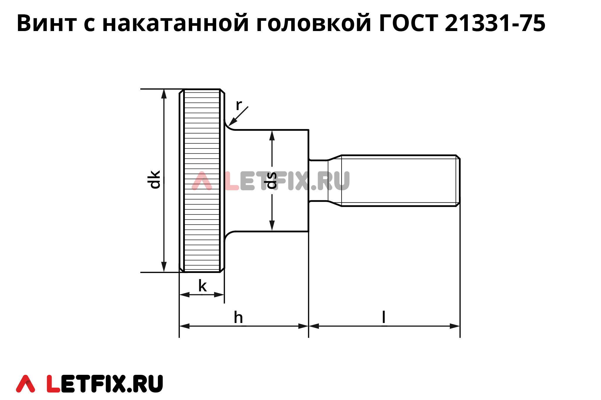 Схема размеров винта ГОСТ 21331-75 с накатанной головкой (винты ГОСТ 21331 с накаткой)