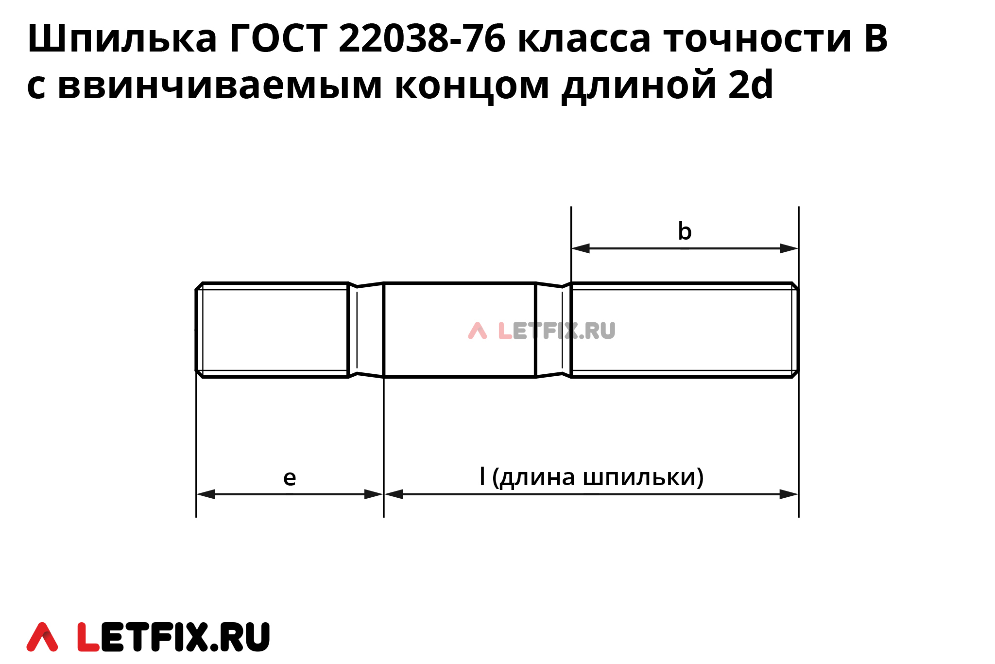 Схема размеров на шпильки ГОСТ 22038-76 с ввинчиваемым концом класса точности В длиной 2 d (два диаметра)