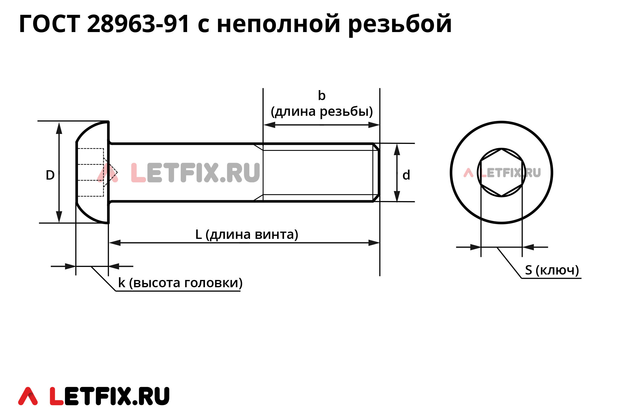 Схема размеров винта ГОСТ 28963-91 с полукруглой головкой и внутренним шестигранником