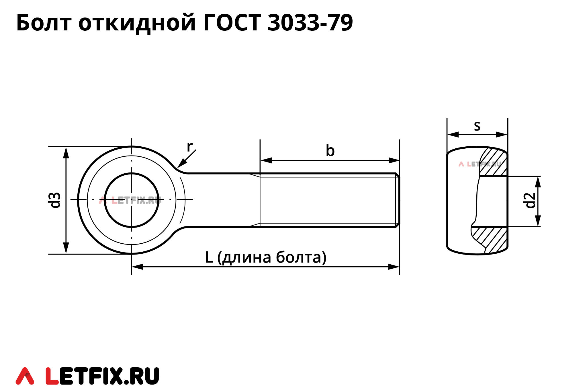 Схема размеров откидного болта ГОСТ 3033-79 с ушком (винта откидного ГОСТ 3033) с неполной резьбой