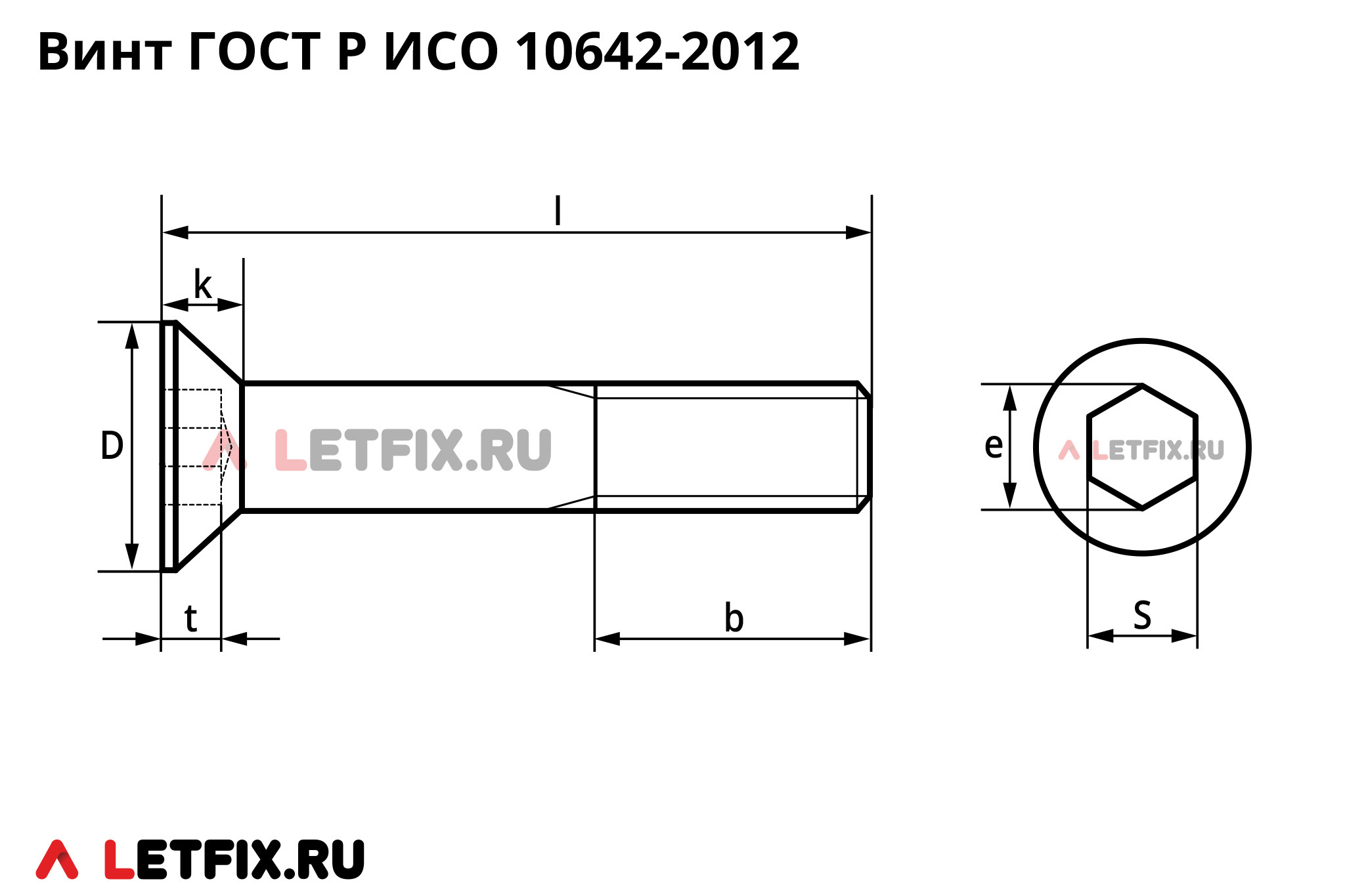 Схема основных размеров винтов с потайной головкой и шестигранным углублением под ключ ГОСТ Р ИСО 10642-2012