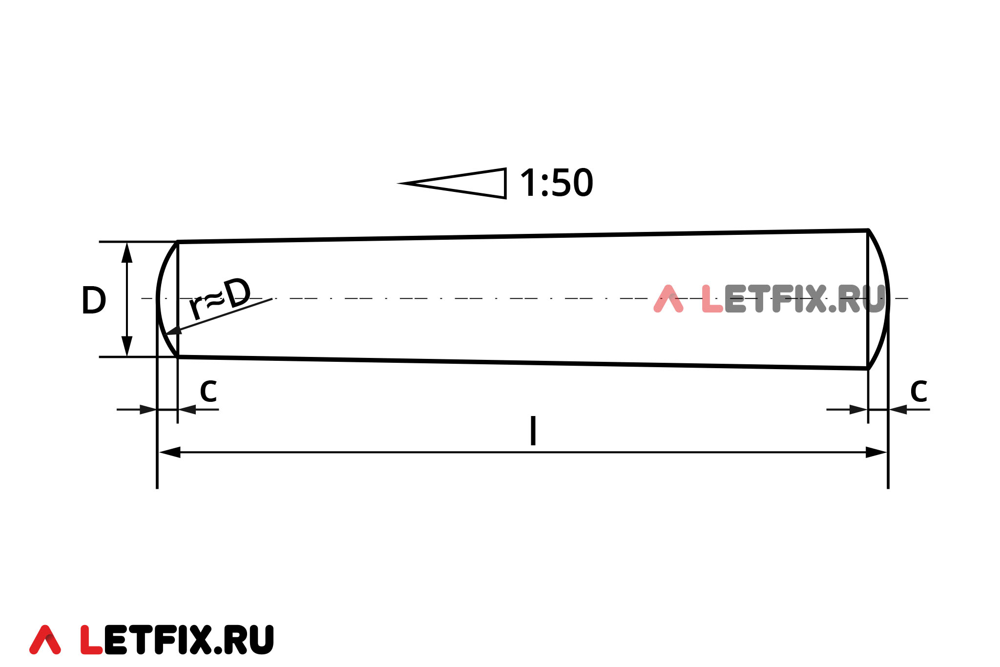 Схема размеров штифта ISO 2339 конического незакаленного