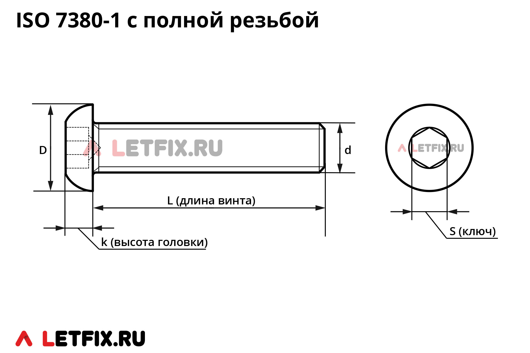 Размерная схема винта ISO 7380-1 с полной резьбой с полукруглой головкой с внутренним шестигранником