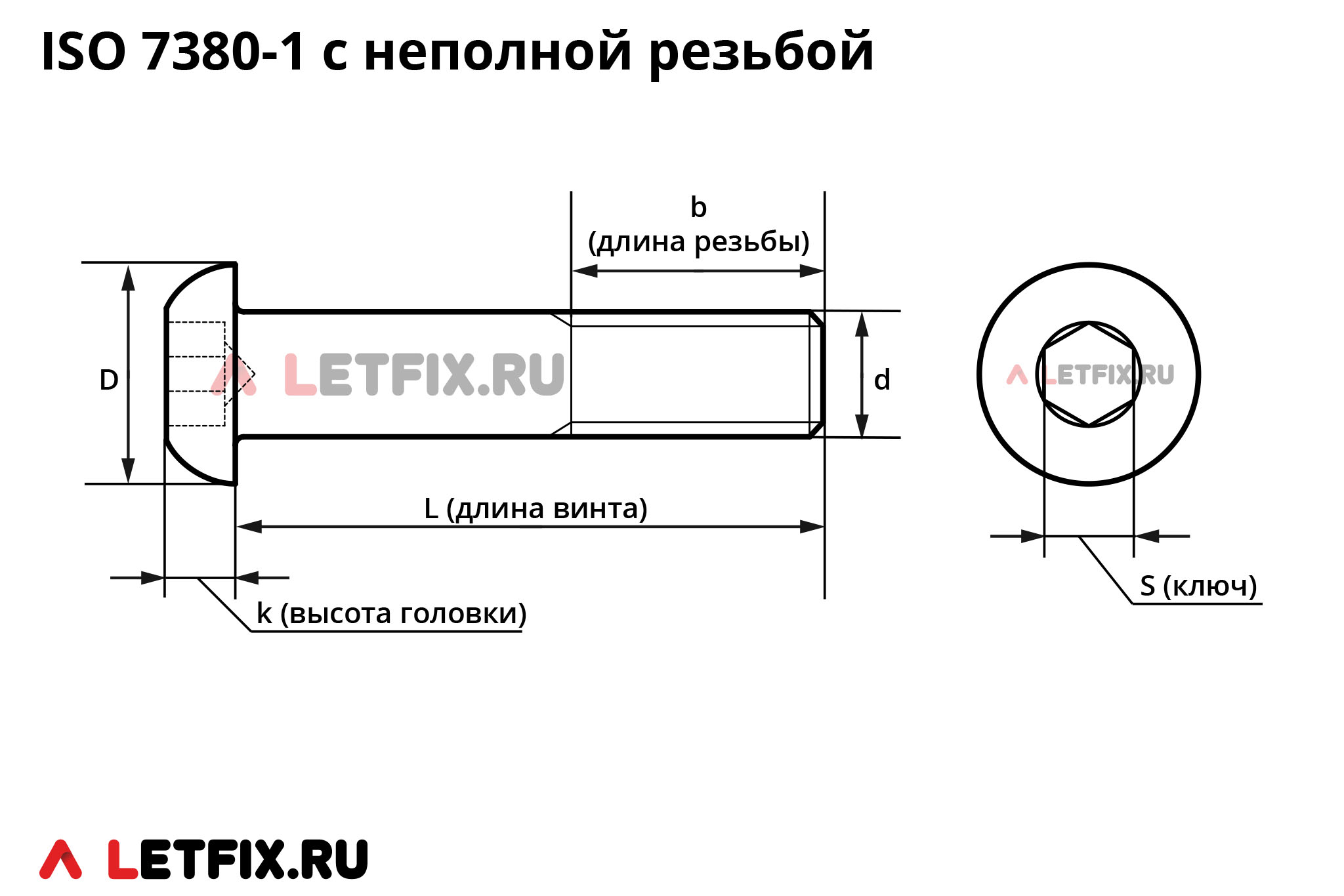 Схема размеров винта ISO 7380-1 с полукруглой головкой и внутренним шестигранником