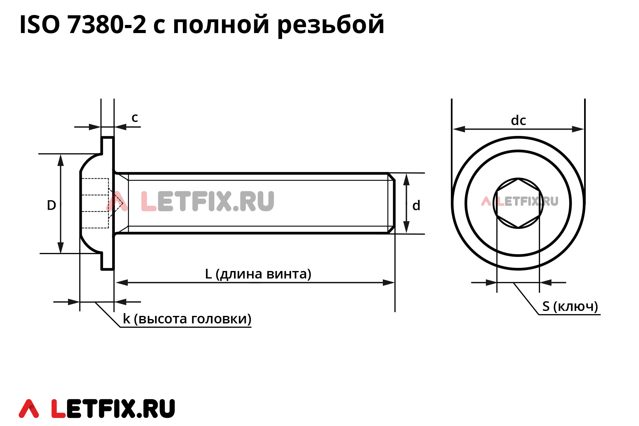 Размерная схема фланцевого винта ISO 7380-2 с полной резьбой с полукруглой головкой с внутренним шестигранником