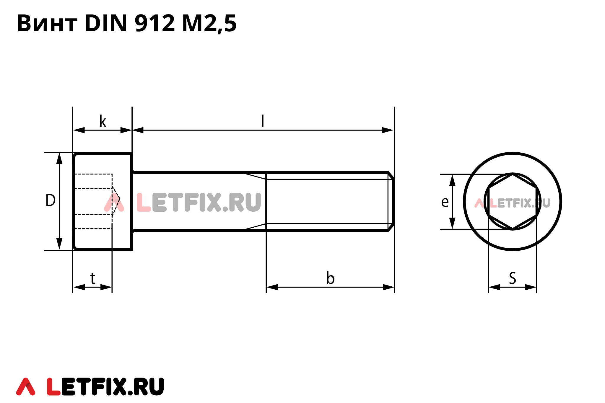 Размеры винтов DIN 912 М2,5 с цилиндрической головкой с внутренним шестигранником. Схема размеров на винты М2,5 ГОСТ 11738-84 и М2,5 ГОСТ Р ИСО 4762-2012, М2,5 ДИН 912.